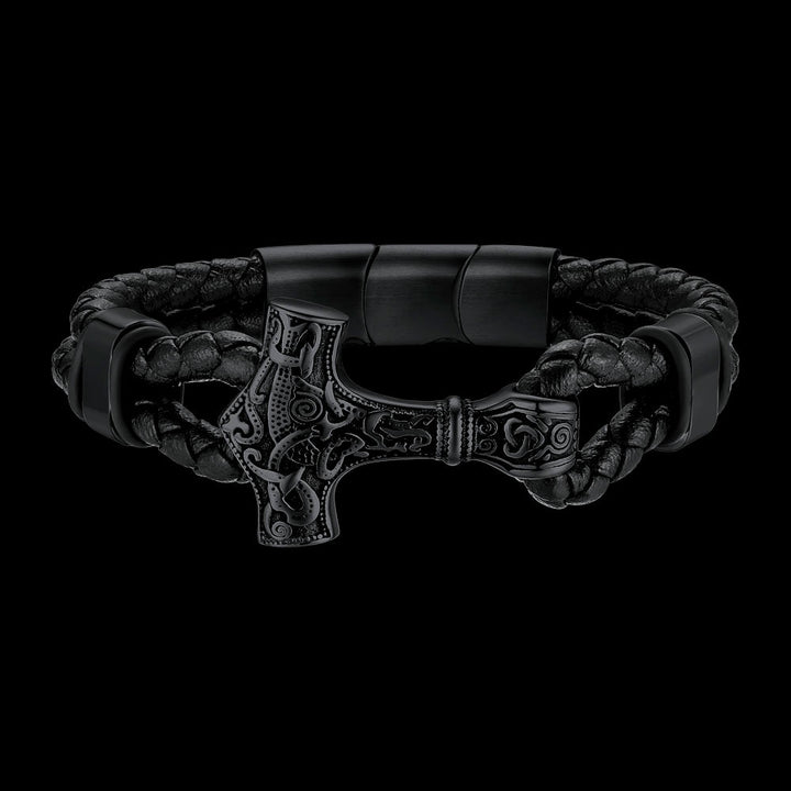 Viking Black Engraved Leather Braided Wristband Bracelet for Men