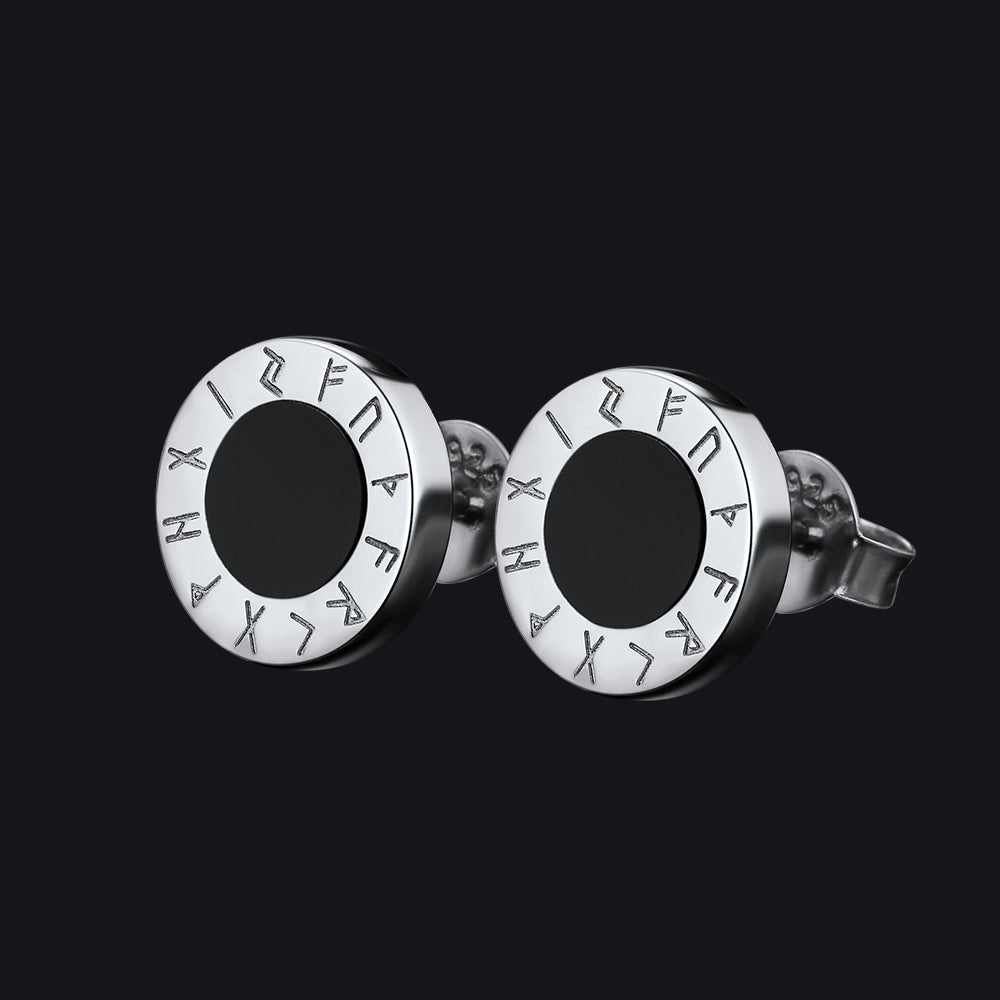 Sterling Silver Viking Runes Black Onyx Stud Earrings For Men