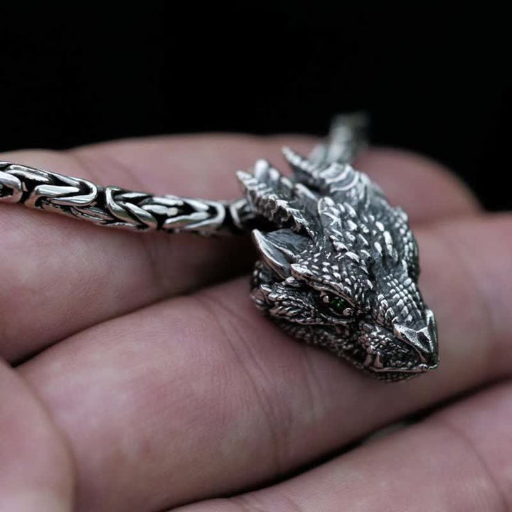 Men's Viking Green Eye Dragon Head Necklace