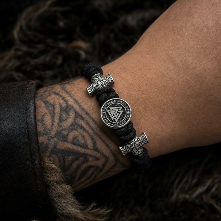 Valknut Slider-Knot Cord Bracelet for Men — worn