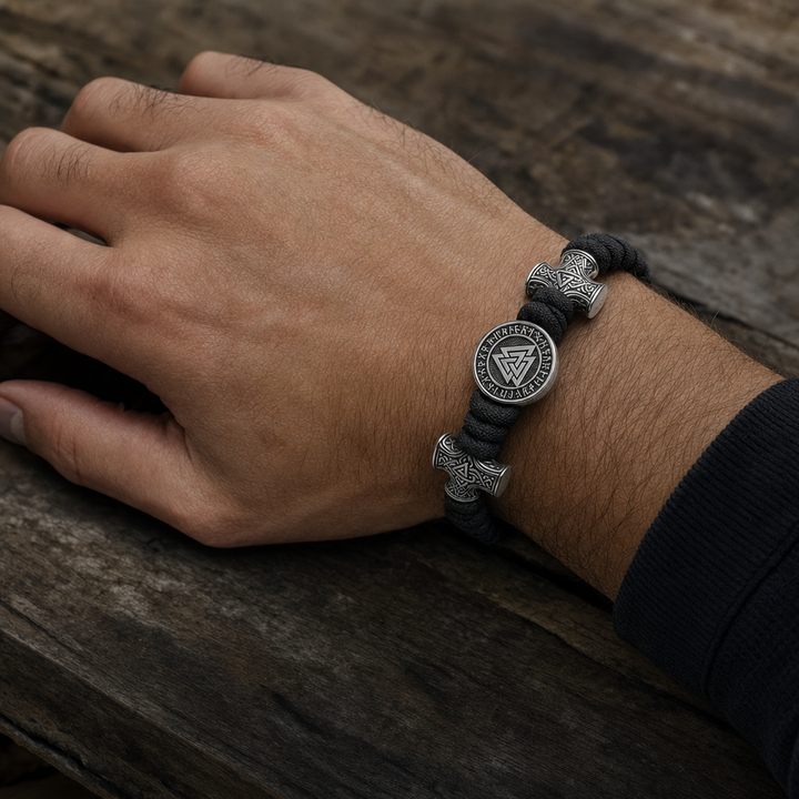 Valknut Slider-Knot Cord Bracelet for Men — worn