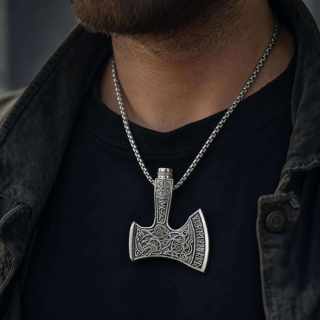 Viking Axe Cremation Urn Necklace for Men — worn
