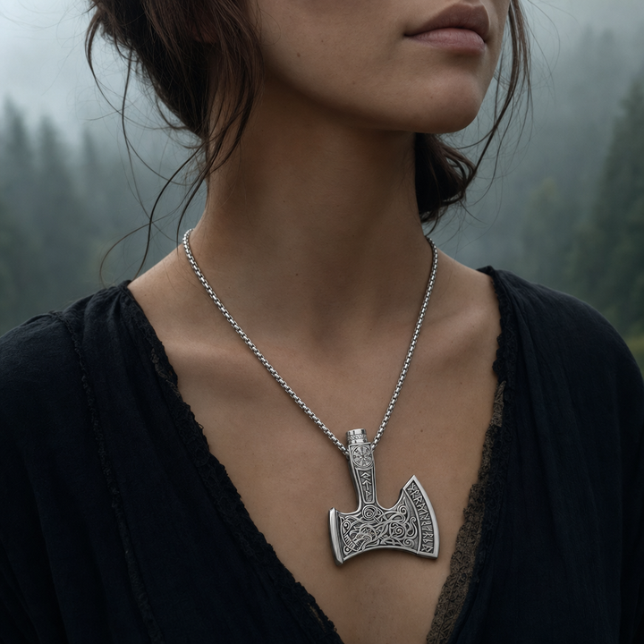 Viking Axe Cremation Urn Necklace for Men — worn