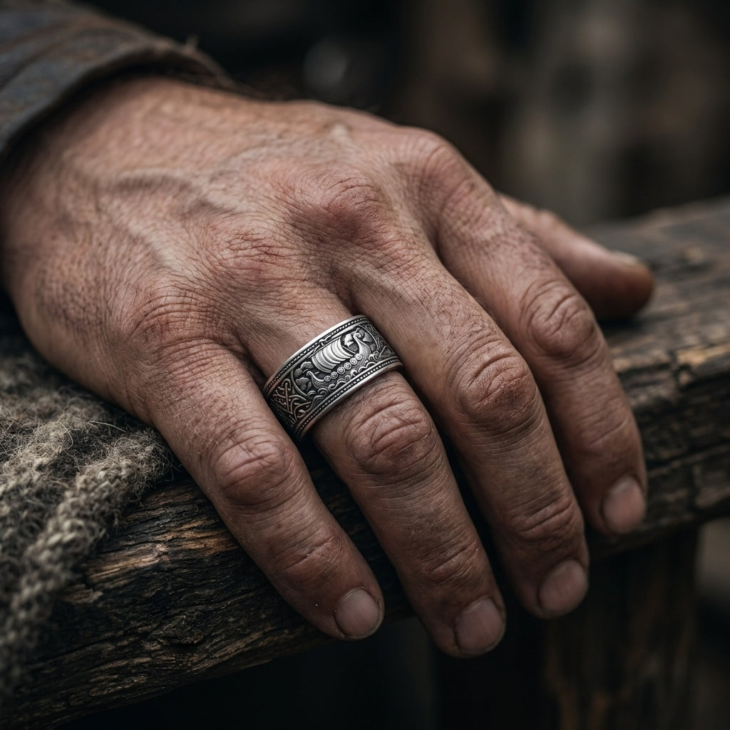 Viking Longship Drakkar Band Ring — worn