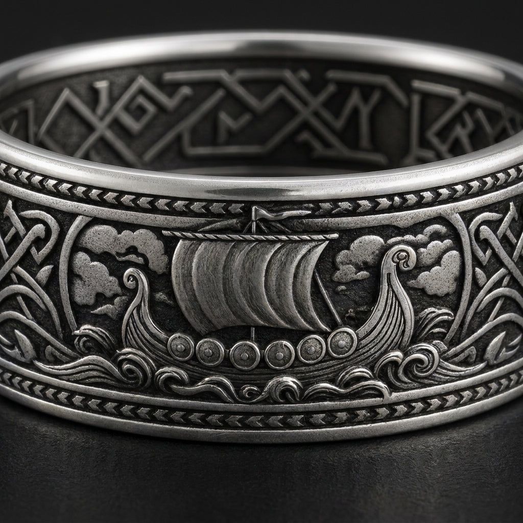Viking Longship Drakkar Band Ring — detail