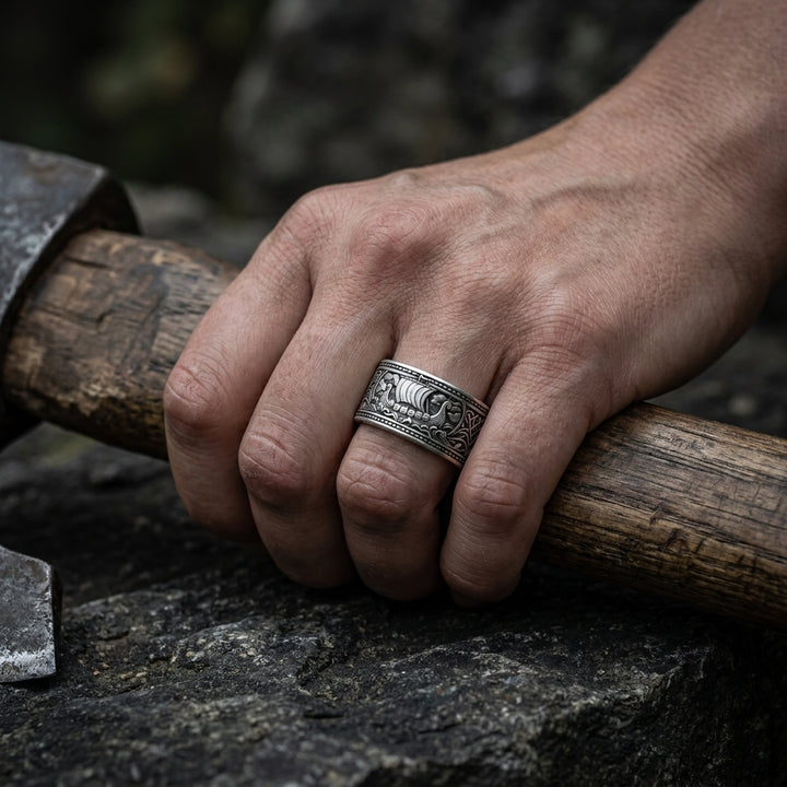 Viking Longship Drakkar Band Ring — worn