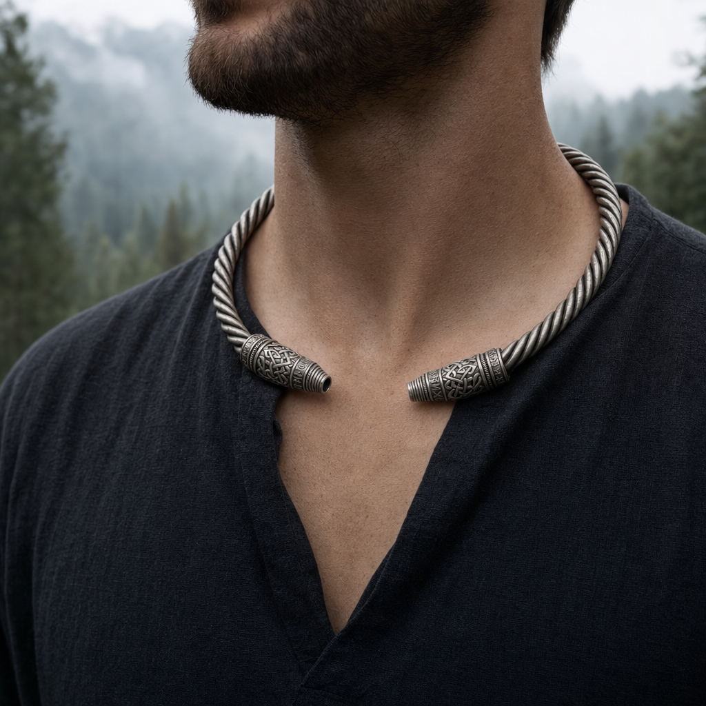 Norse Twisted Torc Neck Ring for Men — worn