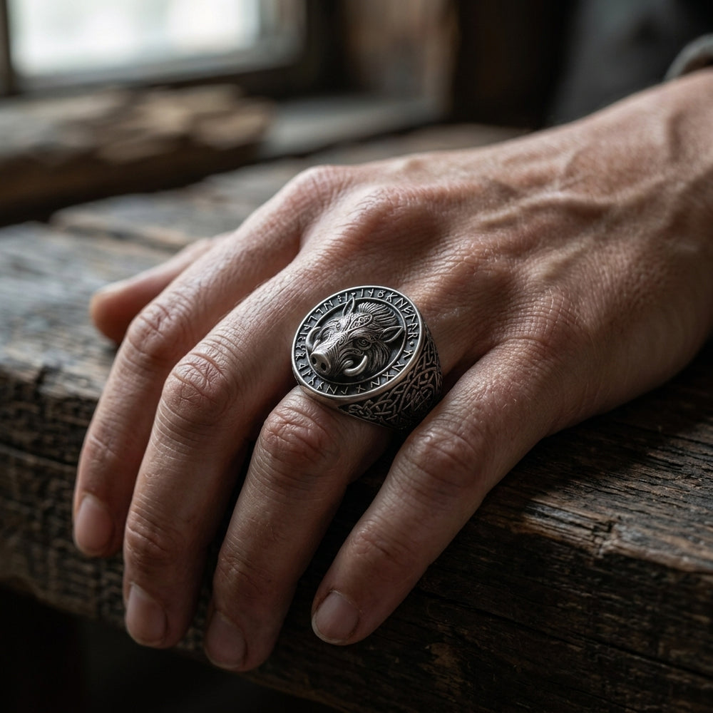 Viking Boar Gullinbursti Ring — worn