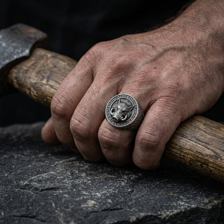 Viking Boar Gullinbursti Ring — worn