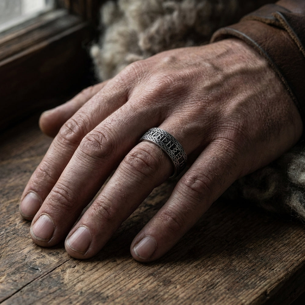 Viking Shieldmaiden Rune Ring — worn
