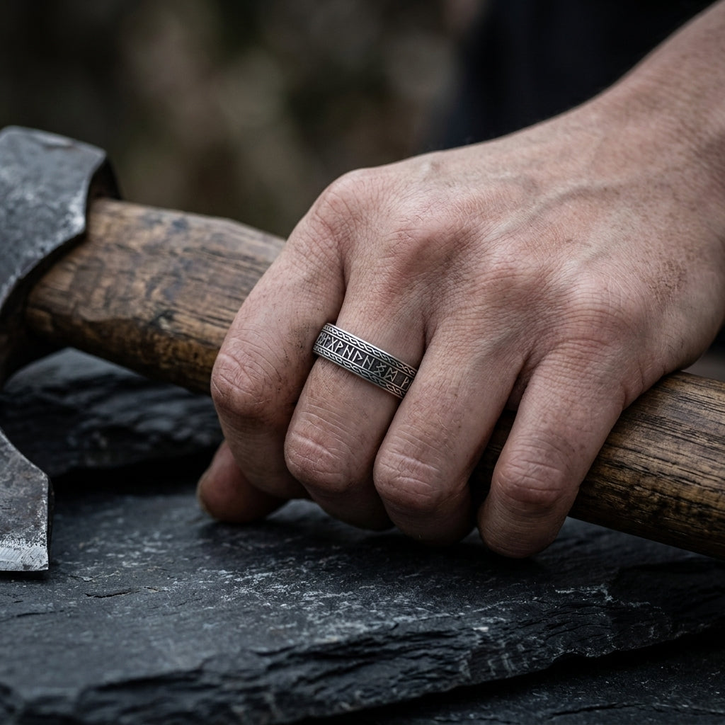 Viking Shieldmaiden Rune Ring — worn
