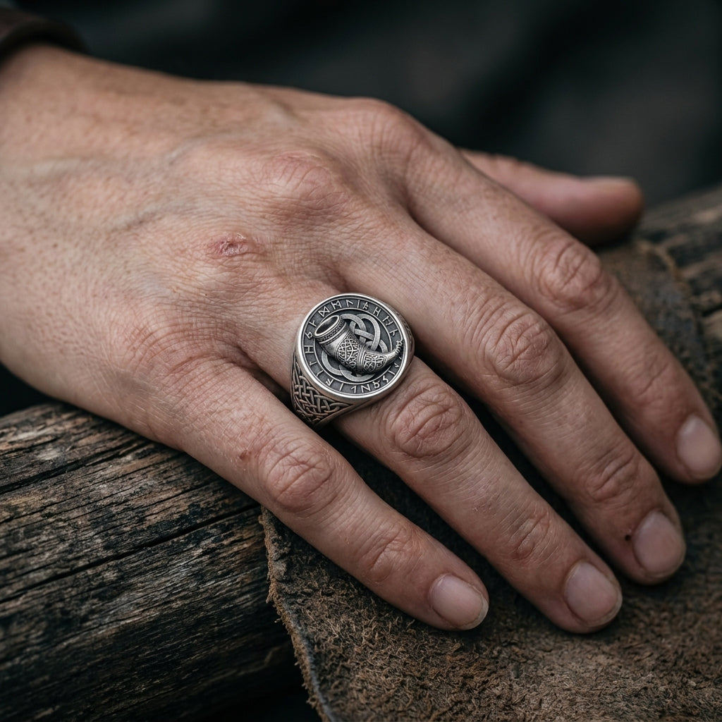 Viking Drinking Horn Signet Ring — worn