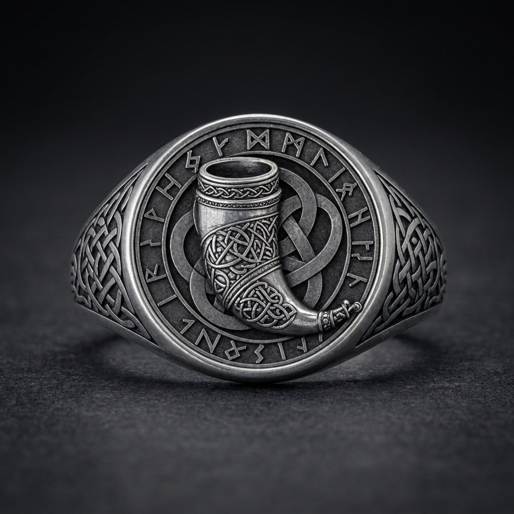 Viking Drinking Horn Signet Ring — detail