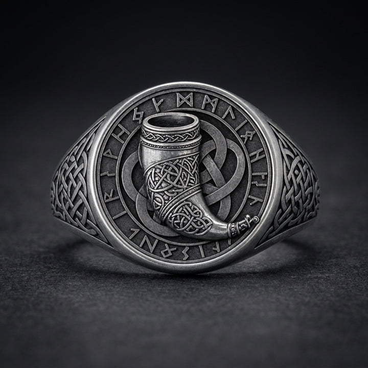 Viking Drinking Horn Signet Ring — detail