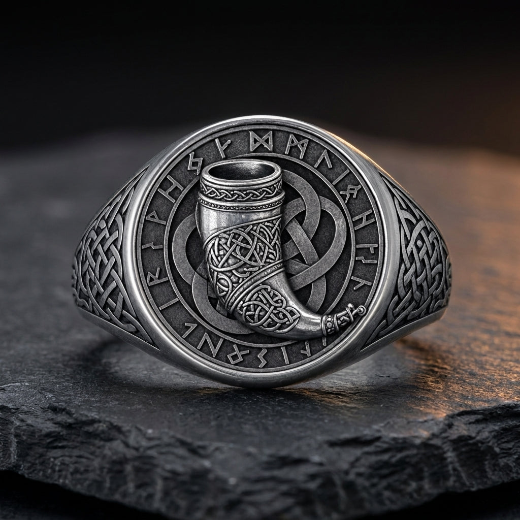 Viking Drinking Horn Signet Ring — feature