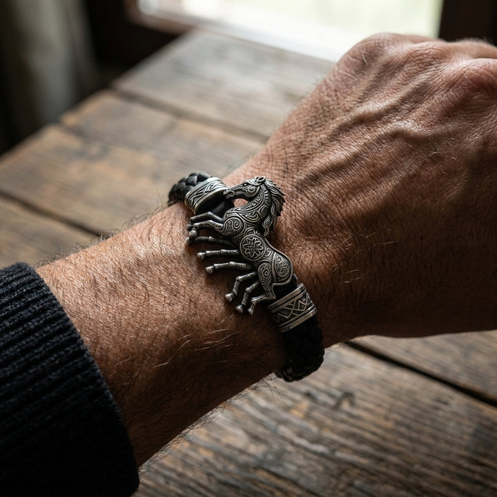 Viking Sleipnir Horse Braided Leather Bracelet — worn