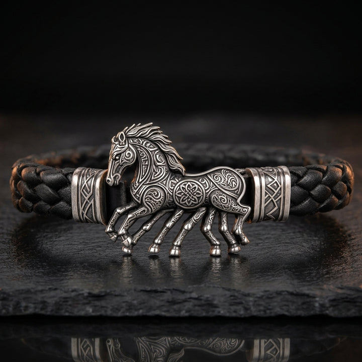 Viking Sleipnir Horse Braided Leather Bracelet — feature