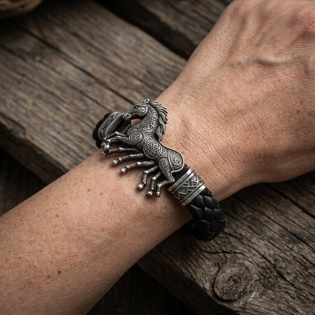 Viking Sleipnir Horse Braided Leather Bracelet — worn