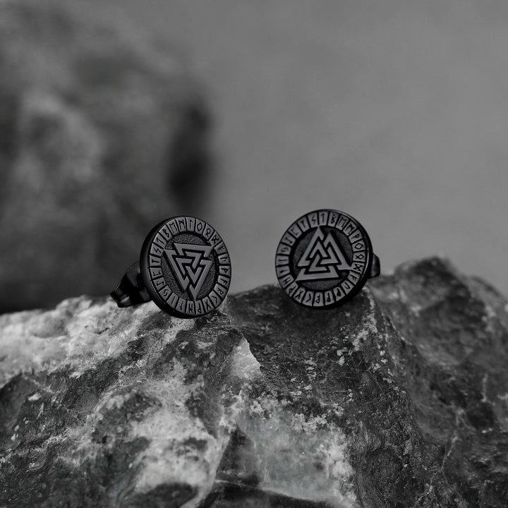 Viking Valknut Black Stud Earrings For Men With Runes
