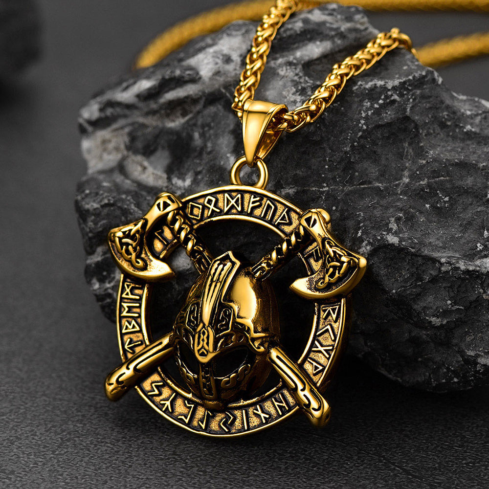 Flash Sale Viking Axe Helmet Pendant Necklace For Men With Runes