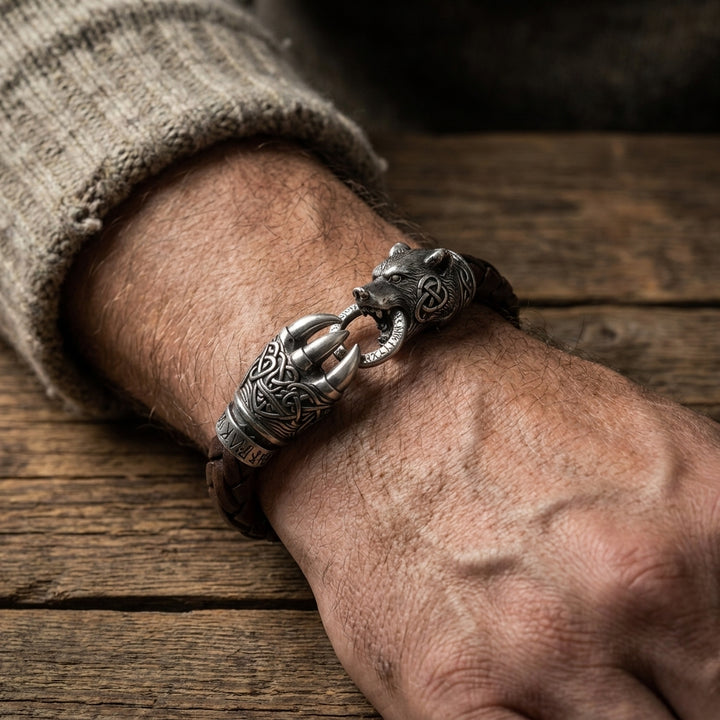 Berserker Bear Claw Leather Bracelet — worn