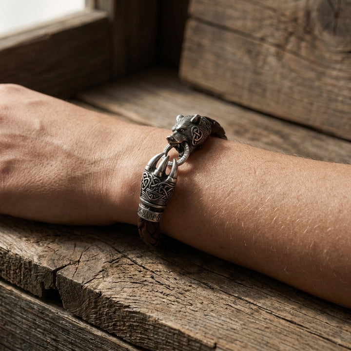 Berserker Bear Claw Leather Bracelet — worn