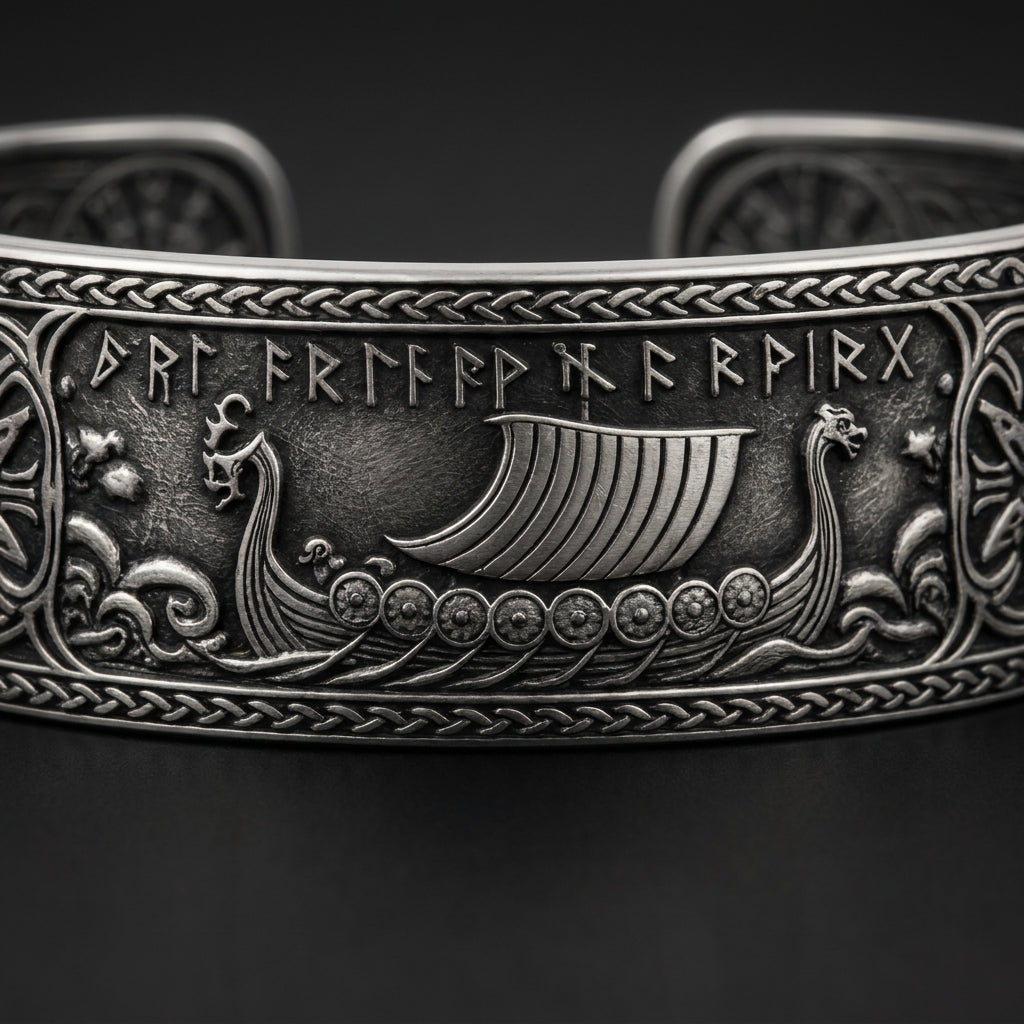 Viking Longship Drakkar Bangle Bracelet — detail