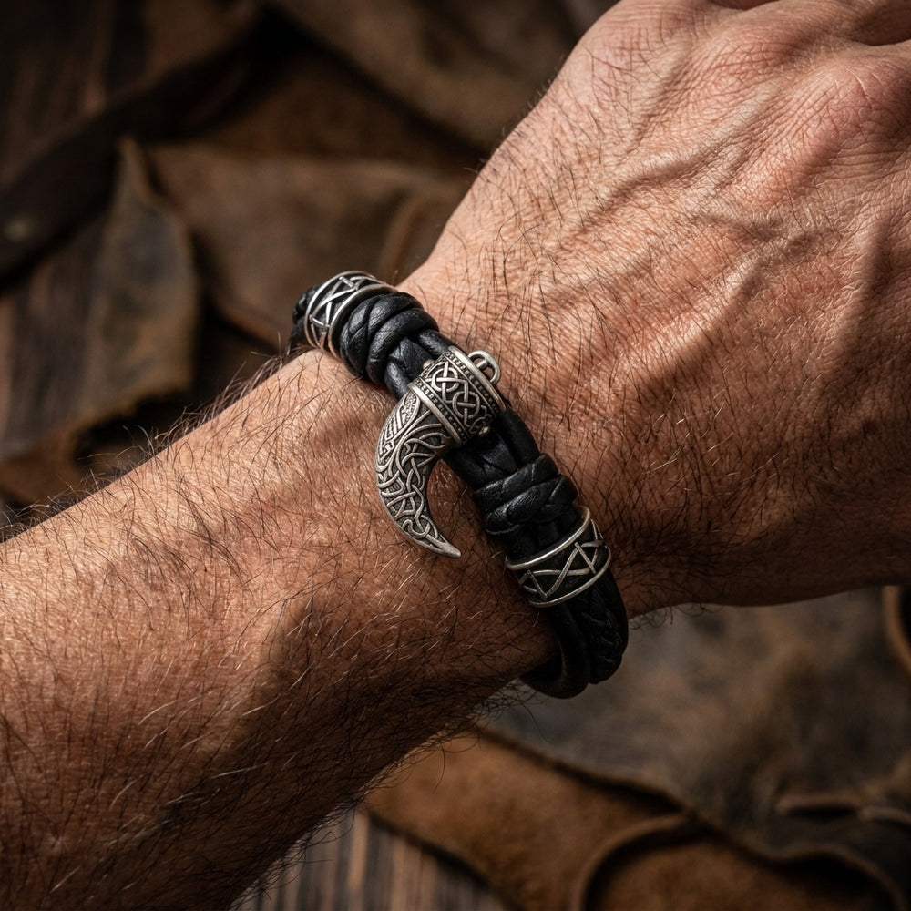 Viking Drinking Horn Leather Bracelet — worn