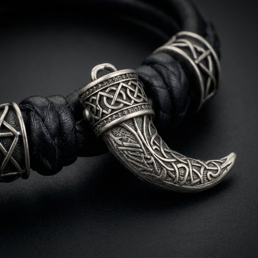 Viking Drinking Horn Leather Bracelet — detail