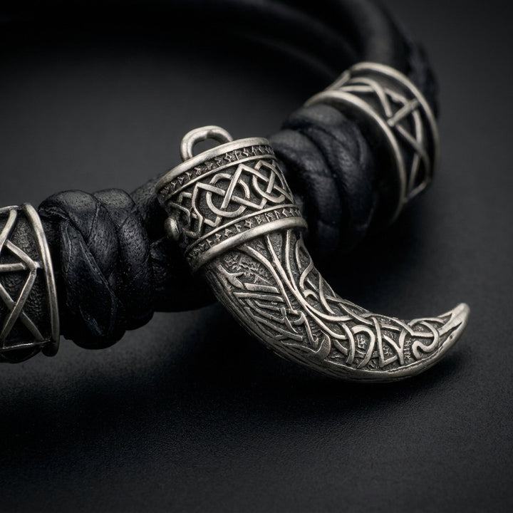 Viking Drinking Horn Leather Bracelet — detail