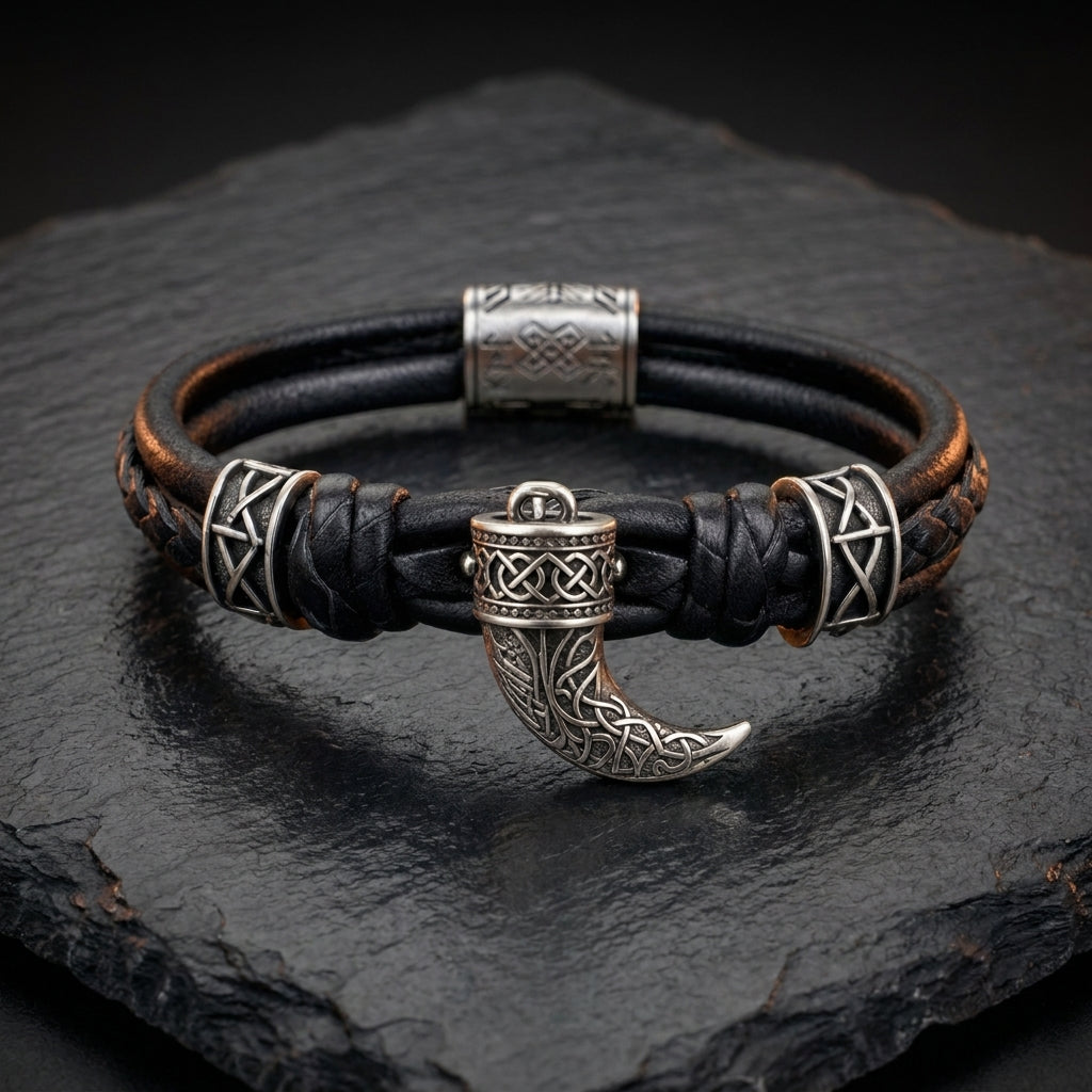 Viking Drinking Horn Leather Bracelet — feature