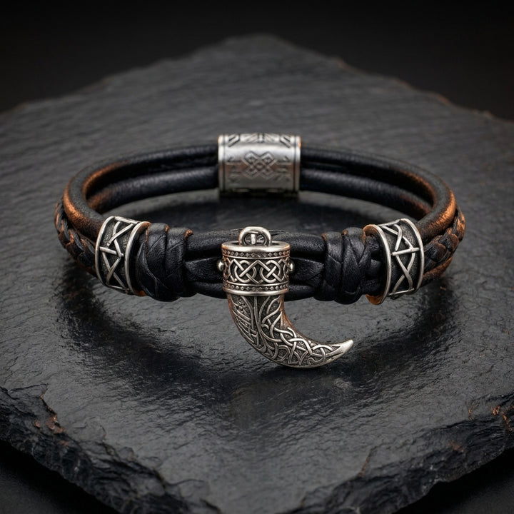 Viking Drinking Horn Leather Bracelet — feature