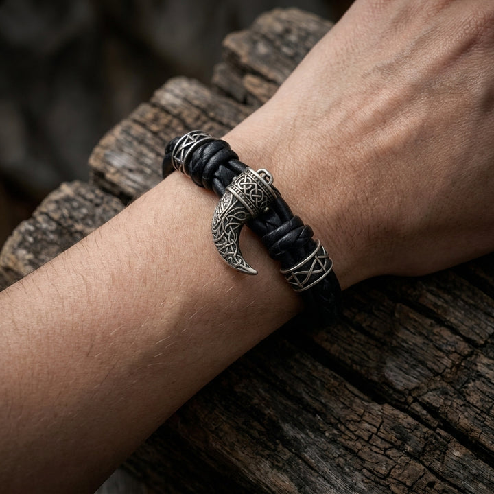Viking Drinking Horn Leather Bracelet — worn