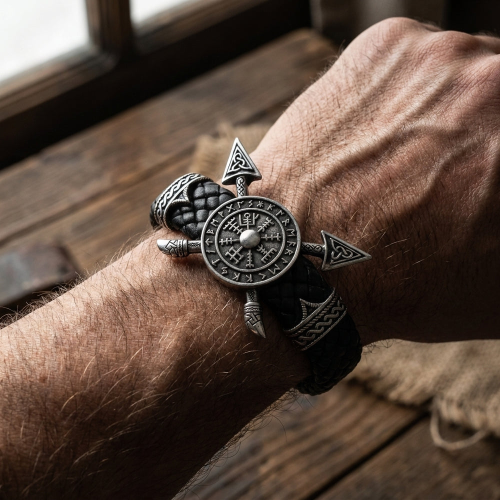 Viking Crossed Spear & Shield Leather Bracelet — worn