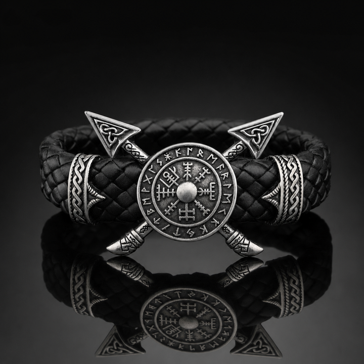 Viking Crossed Spear & Shield Leather Bracelet
