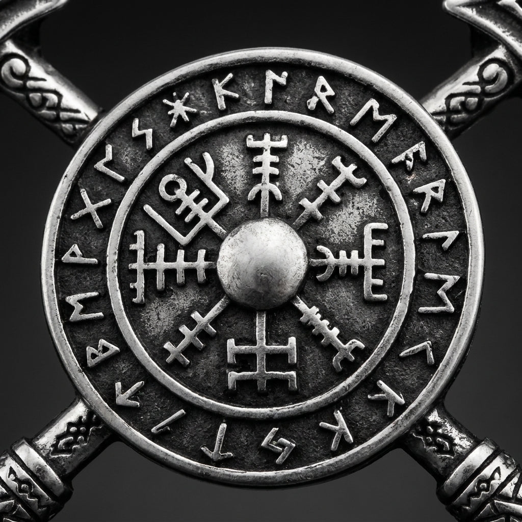 Viking Crossed Spear & Shield Leather Bracelet — detail