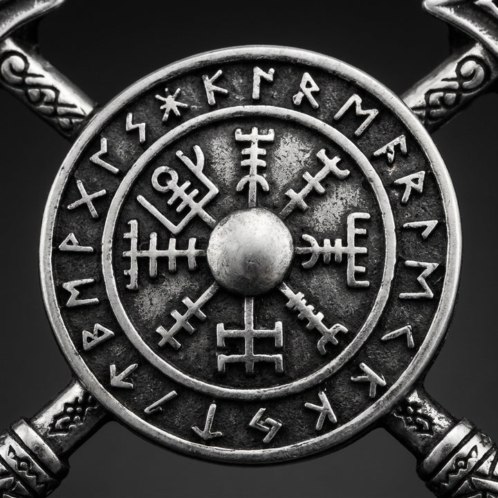 Viking Crossed Spear & Shield Leather Bracelet — detail