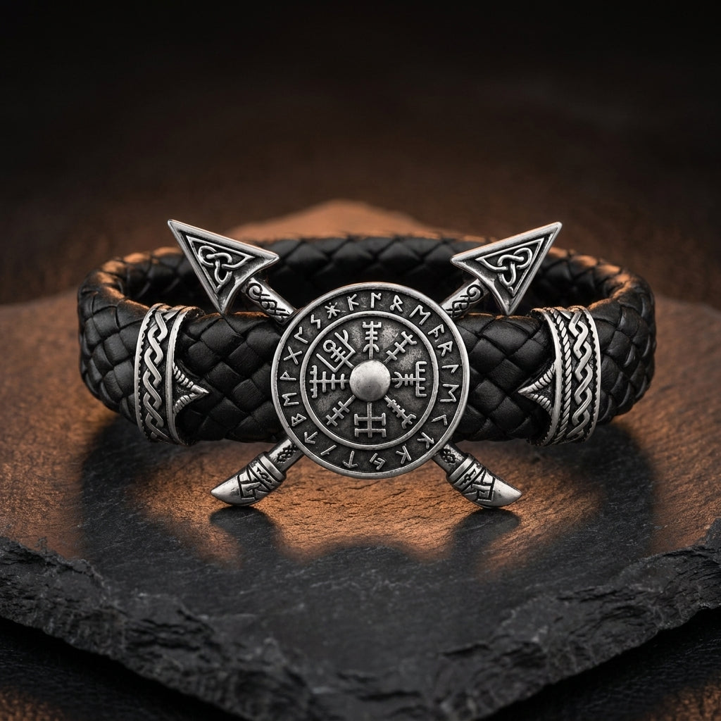 Viking Crossed Spear & Shield Leather Bracelet — feature