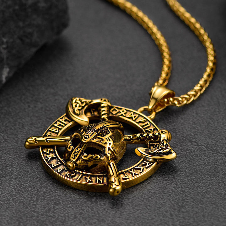 Flash Sale Viking Axe Helmet Pendant Necklace For Men With Runes