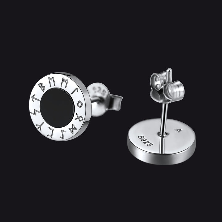 Black Onyx Stud Earrings With Viking Runes in Sterling Silver
