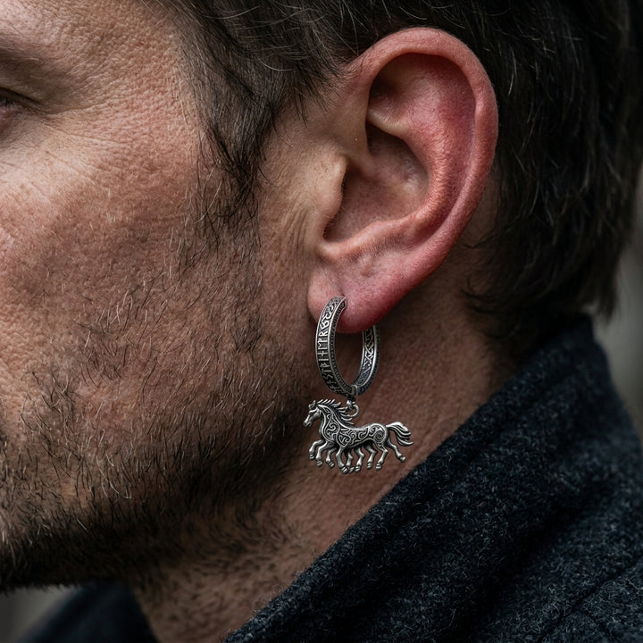 Viking Sleipnir Horse Dangle Hoop Earrings — worn