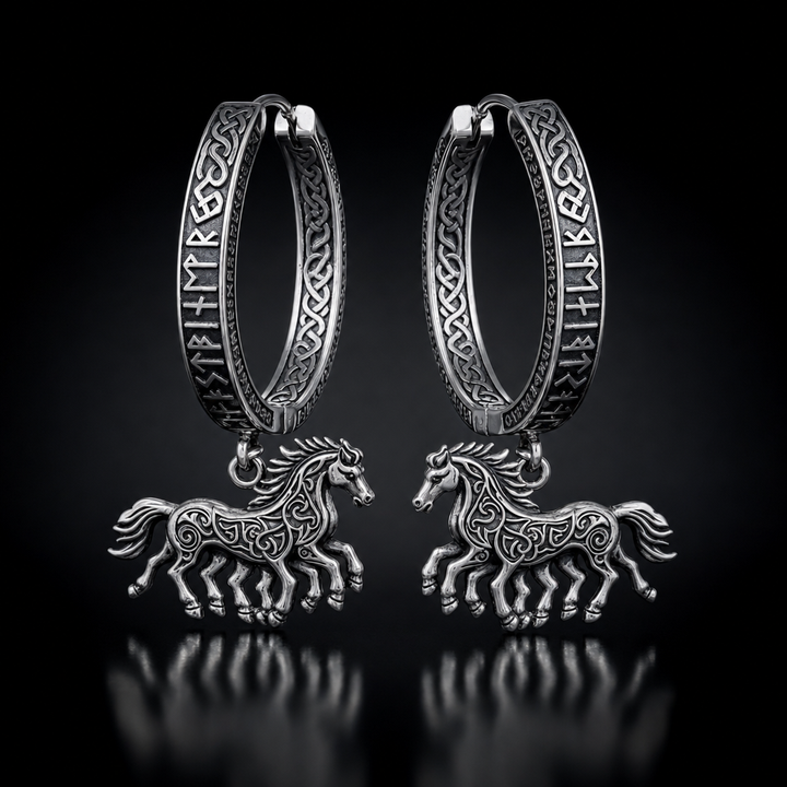 Viking Sleipnir Horse Dangle Hoop Earrings