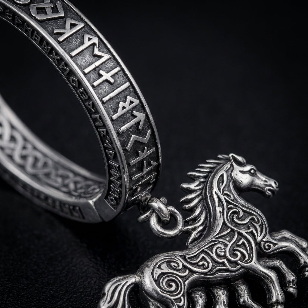 Viking Sleipnir Horse Dangle Hoop Earrings — detail