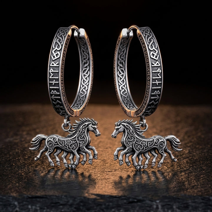 Viking Sleipnir Horse Dangle Hoop Earrings — feature