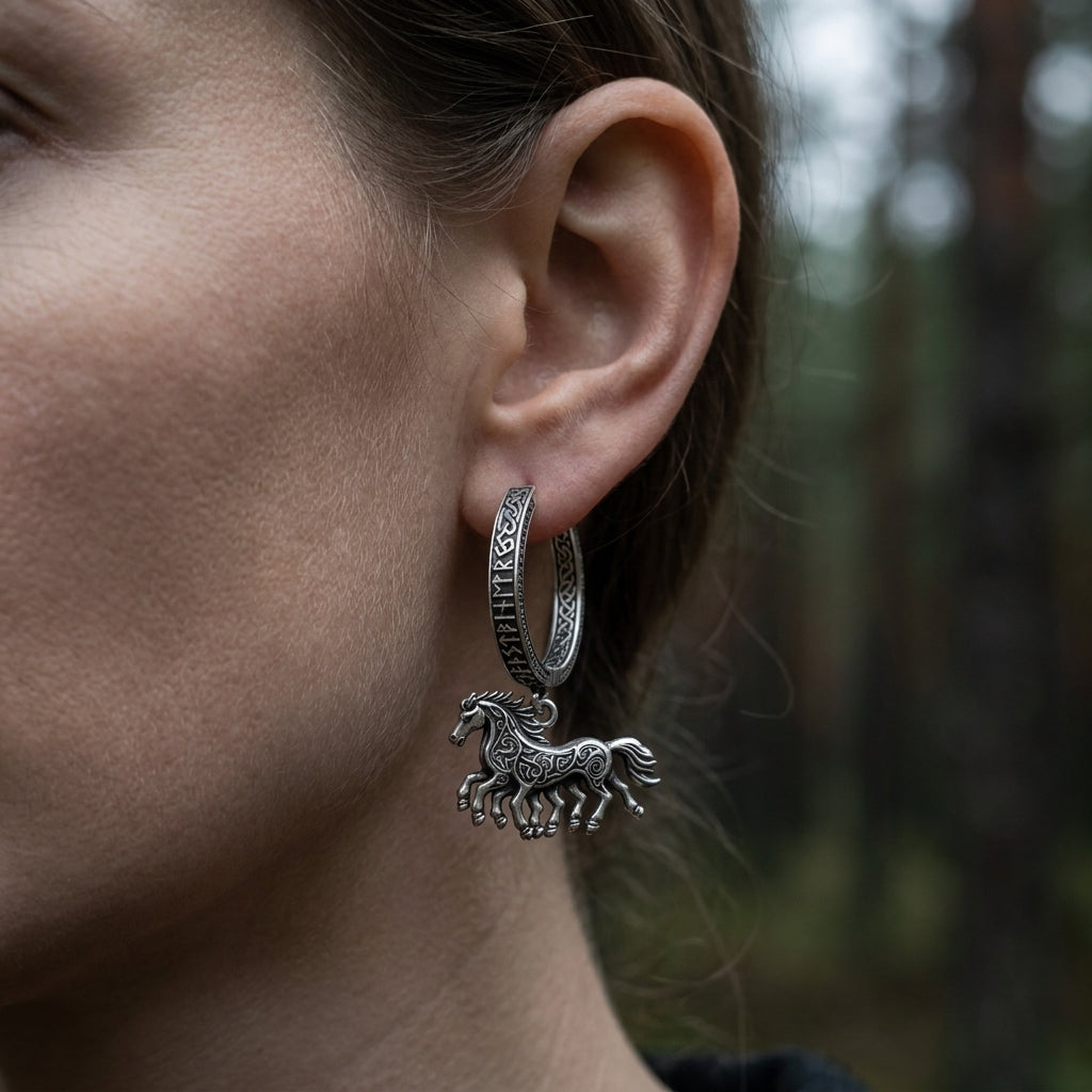 Viking Sleipnir Horse Dangle Hoop Earrings — worn