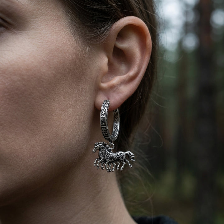 Viking Sleipnir Horse Dangle Hoop Earrings — worn
