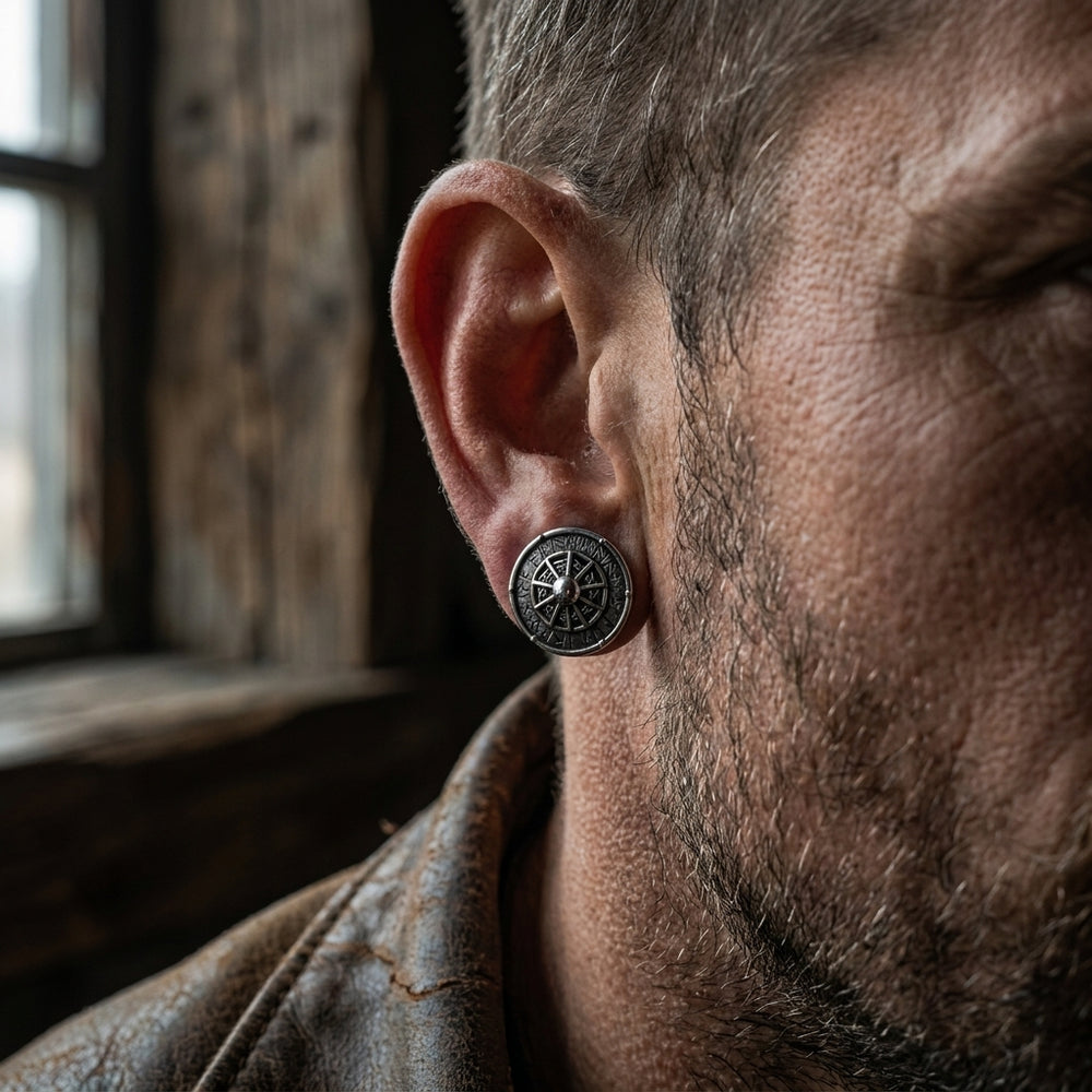 Viking Shield Stud Earrings with Runes — worn