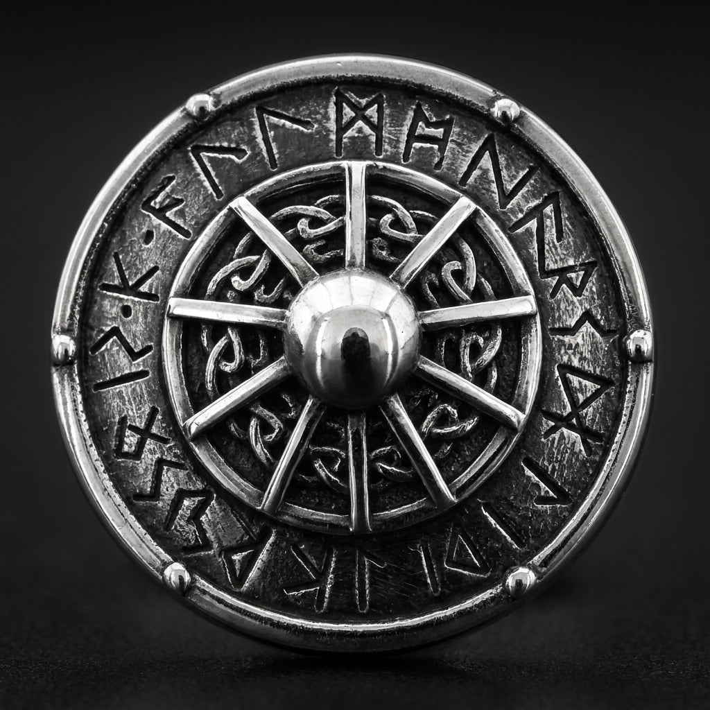 Viking Shield Stud Earrings with Runes — detail