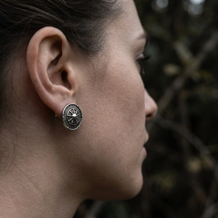 Viking Shield Stud Earrings with Runes — worn