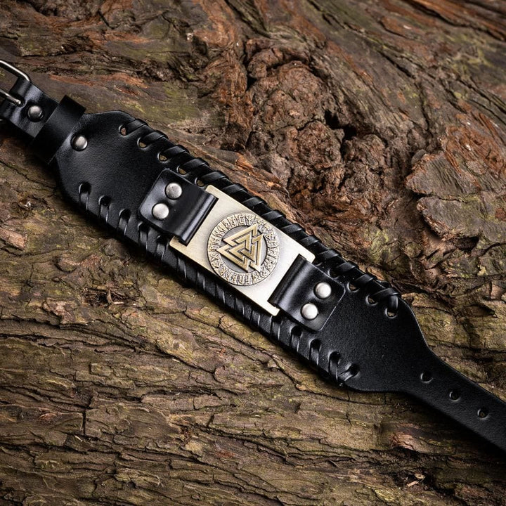 Genuine Leather Buckle Arm Cuff Valknut Rune Metal Bracelet
